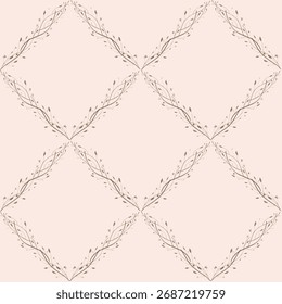 Soft seamless pattern featuring hand-painted intertwined botanical vines forming a diamond lattice on a light blush pink background. Perfect for ethereal stationery and wedding decor.