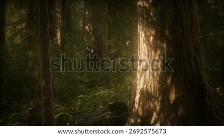 Soft sunlight warms the forest as it pours through tall trees, highlighting the intricate textures of bark and vibrant foliage below, creating a serene natural atmosphere.