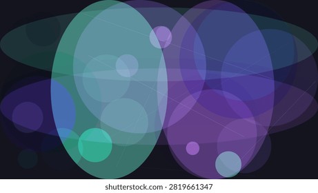 Soft, translucent overlapping spheres with smooth gradient fills transitioning between teal, violet, and blue hues. The composition creates a sense of depth and...