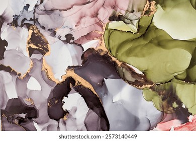 Soft waves of translucent color meet shimmering gold accents in abstract art, fluid shapes create a dynamic landscape. The liquid ink technique create depth and movement, both spontaneous and refined
