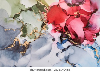 Soft waves of translucent color meet shimmering gold accents in abstract art, fluid shapes create a dynamic landscape. The liquid ink technique create depth and movement, both spontaneous and refined