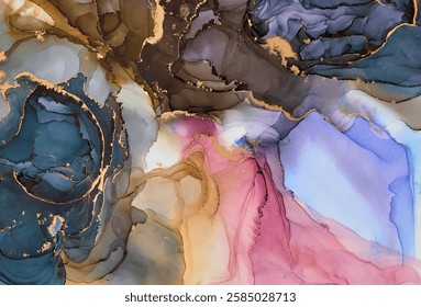 Soft waves of translucent color meet shimmering gold accents in abstract art, fluid shapes create a dynamic landscape. The liquid ink technique create depth and movement, both spontaneous and refined