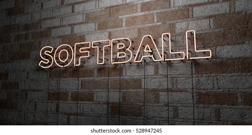 SOFTBALL - Glowing Neon Sign on stonework wall - 3D rendered royalty free stock illustration.  Can be used for online banner ads and direct mailers.