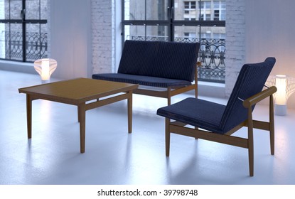 Softly Lit Blue Industrial Loft Interior With Modern Danish Furniture (3D Render)