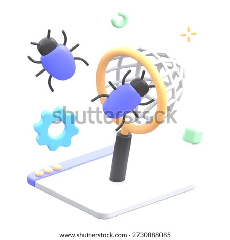 Software debugging and bug tracking showing blue beetles caught in a net over a browser window with gears. High quality 3D icon for coding development and quality assurance.