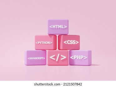 Software Developer Concept. Coding Language Development On Pink Background. Minimal Cartoon Sytle. 3d Render Illustration