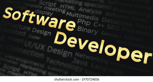 Software Developer Keyword Written in Golden surrounded with development keywords