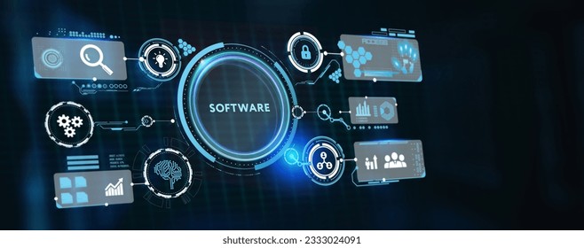 Software development and business process automation, internet and technology concept on virtual screen. 3d illustration
