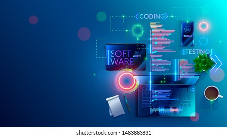 Software Development Coding Process Concept. Programming, Testing Cross Platform Code, App On Laptop, Tablet, Phone. Create, Editing Script Desktop And Mobile Devices. Technology Software Of Business.