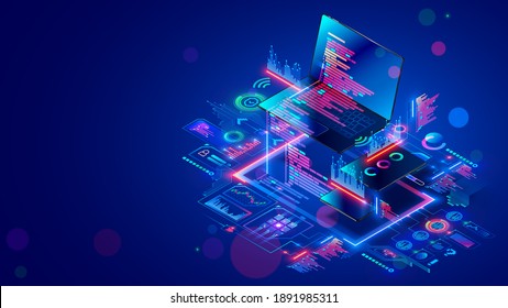 Software development for different devices. Process of optimization, debugging program or code for laptop, phone, tablet. Creation adaptive application on programming languages. computer technology.
