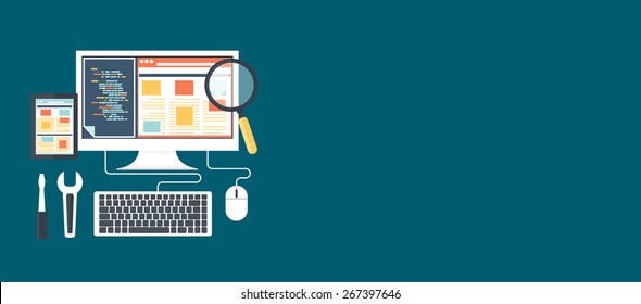 Software Development Workflow Process Coding Testing Analysis Concept Banner In Flat Design. Raster Version