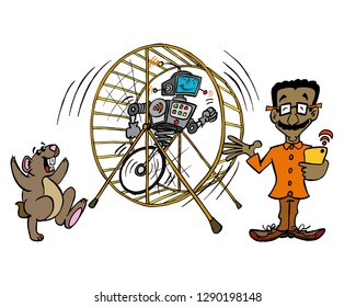 A software engineer succeeds to automize a repetitive job symbolized by a hamster wheel. 