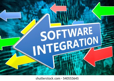 Software Integration - Text Concept On Blue Arrow Flying Over Green World Map Background. 3D Render Illustration.