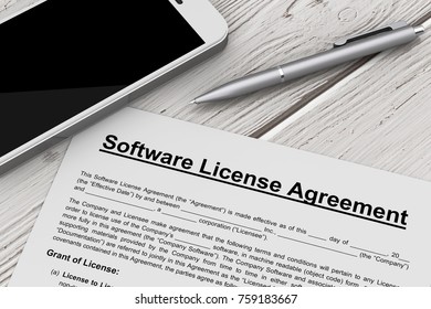 Software License Agreement with Mobile Phone and Pen on a wooden table. 3d Rendering