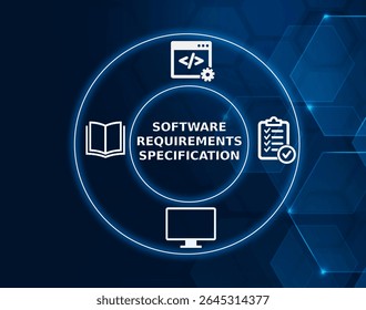 software requirements specification tech concept.A document that outlines the requirements for a software system, detailing functional and nonfunctional specifications for the developers.