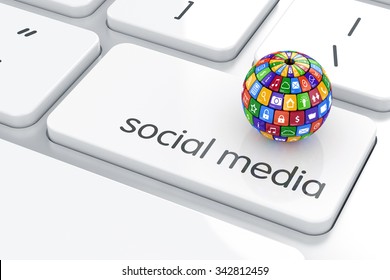 Software, Social Media Concept. Colorful Icon Buttons Sphere On The Computer Keyboard