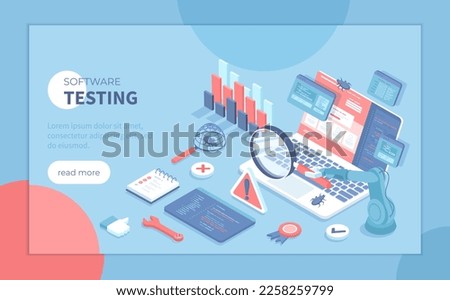 Software Testing. Process evaluation software application or website. Computer code analysis. Identification and removal of defects, bugs, errors. Isometric raster illustration for banner, website.