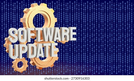 Software update concept with metallic gears and binary code background representing system upgrade digital transformation maintenance and modern information technology