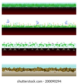 Soil Cutaway. Field Of Grass, Flowers And Stones. Illustration