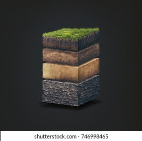 Soil Layers. Cross Section Soil Layers. 3D Illustration Isolated On Dark Background