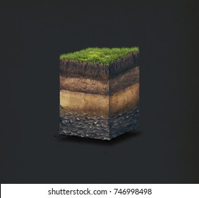 Soil Layers. Cross Section Soil Layers. 3D Illustration Isolated On Dark Background