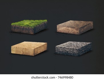 Soil Layers. Four Cross Section Soil Layers. 3D Illustration Isolated On Dark Background