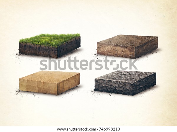 Soil layers. Four cross section soil\
layers. 3D illustration isolated on light\
background