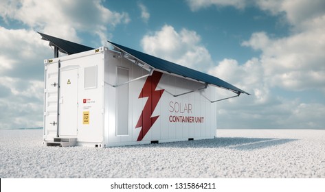 Solar Container Unit. 3d Rendering Concept Of A White Industrial Battery Energy Storage Container With Mounted Black Solar Panels Situated On White Gravel In Empty Landscape In Sunny Weather. 