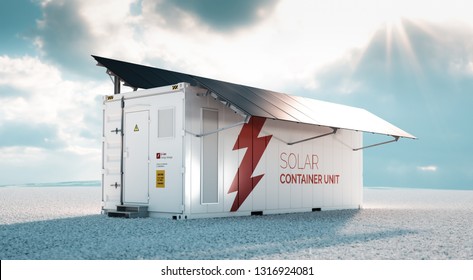 Solar Container Unit. 3d Rendering Concept Of A White Industrial Battery Energy Storage Container With Mounted Black Solar Panels Situated On White Gravel In Empty Landscape In Sunny Weather. 