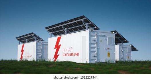 Solar Container Unit. 3d Rendering Concept Of A White Industrial Battery Energy Storage Container With Mounted Black Solar Panels Situated On Fresh Green Grass In Late Sunny Weather. 