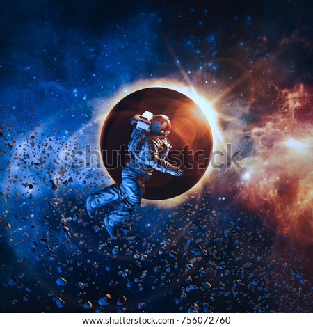 Solar eclipse astronaut / 3D illustration of astronaut floating in space during solar eclipse
