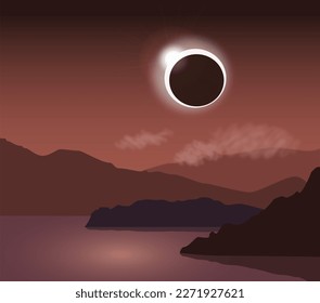 Solar eclipse from a lake view with mountains