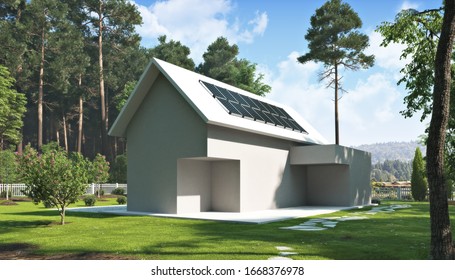 Solar Energy Home Concept . Outline Of A Residential Home Exterior In A Beautiful Rural Setting With Solar Power Panels On The Roof .Going Green Off The Grid .3d Rendering 