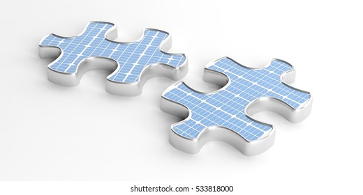 Solar Energy. Solar Panels On Puzzle Pieces Isolated On White Background. 3d Illustration