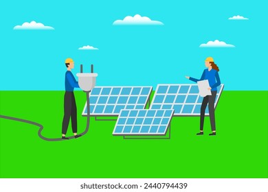 The solar farm(solar panel) with two engineers walk to check the operation of the system, Alternative energy to conserve the world's energy, Photovoltaic module idea for clean energy production. - Powered by Shutterstock