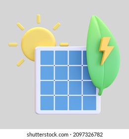 Solar Panel Energy Icon With Green Leaf And Sun Eco Friendly Power Symbol 3d Render Illustration