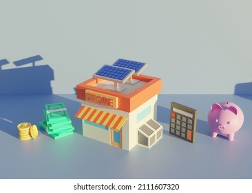 Solar Panel Energy With Store Building And Some Financial Consideration . 3d Illustration Rendering Render