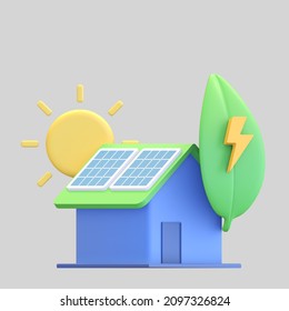 Solar Panel House Icon With Green Leaf And Sun Eco Friendly Power Symbol 3d Render Illustration