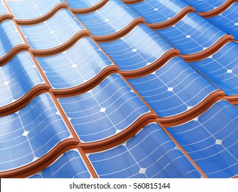 Solar Panel Integrates Into The Roof Tiles. 3d Illustration.