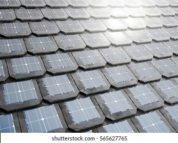 Solar Panel Integrates Into The Roof Tiles. 3d Illustration.