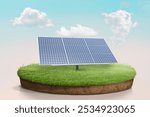 Solar panel on grassy mound under blue sky with clouds. Solar energy concept with solar panel. Renewable energy with solar panel on green grass.