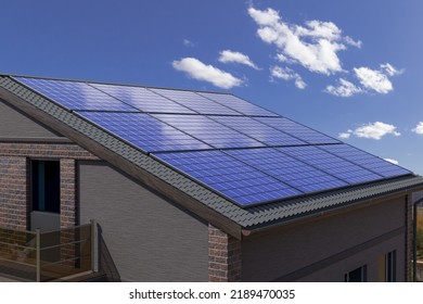 Solar Panel On The Roof Of A Modern House. A Source Of Clean And Cheap Energy. 3d Illustration. Modern Technologies.