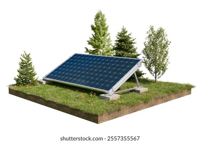 solar panel with small grass field model and mock up with clipping path, 3d illustration rendering