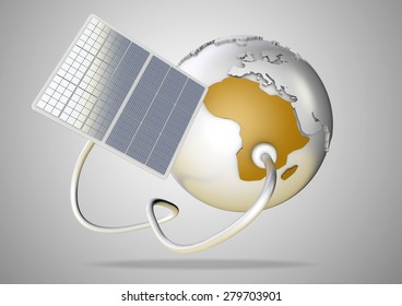 Solar Panel Supplies Power From The Sun To Africa. Concept For Green Power Sources And Energy Supply To The World.