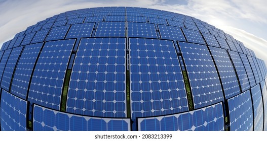 Solar Panels Farm Or Solar Call Farm With Sky And Clouds Reflection With Fish Eye Lens.3d Rendering