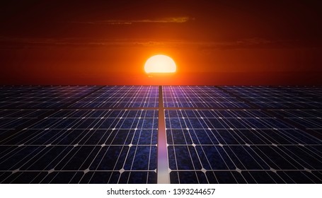 Solar Panels Field At Sunrise Or Sunset. Mixed Media Illustration.