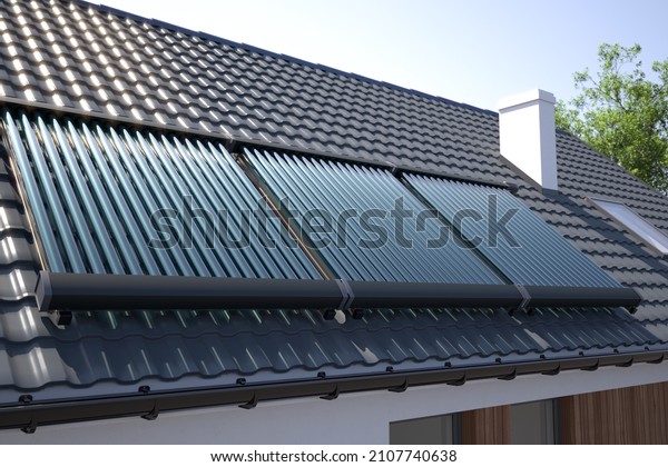 Solar panels, heater collectors on the roof, 3D\
illustration 