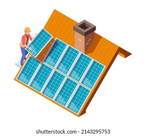 Solar panels installation. Worker making modern eco suny panel on roof renewable electricity systems isometric concept