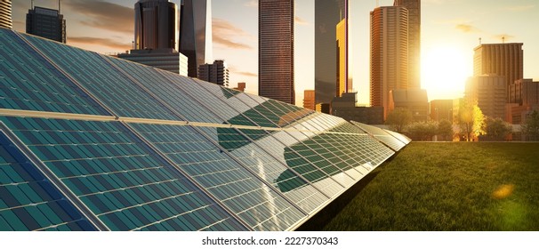 Solar panels with modern city. Clean, green, alternative and renewable energy concept for smart city. 3d rendering - Powered by Shutterstock