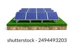 Solar panels on a grass platform with white background. 3D illustration